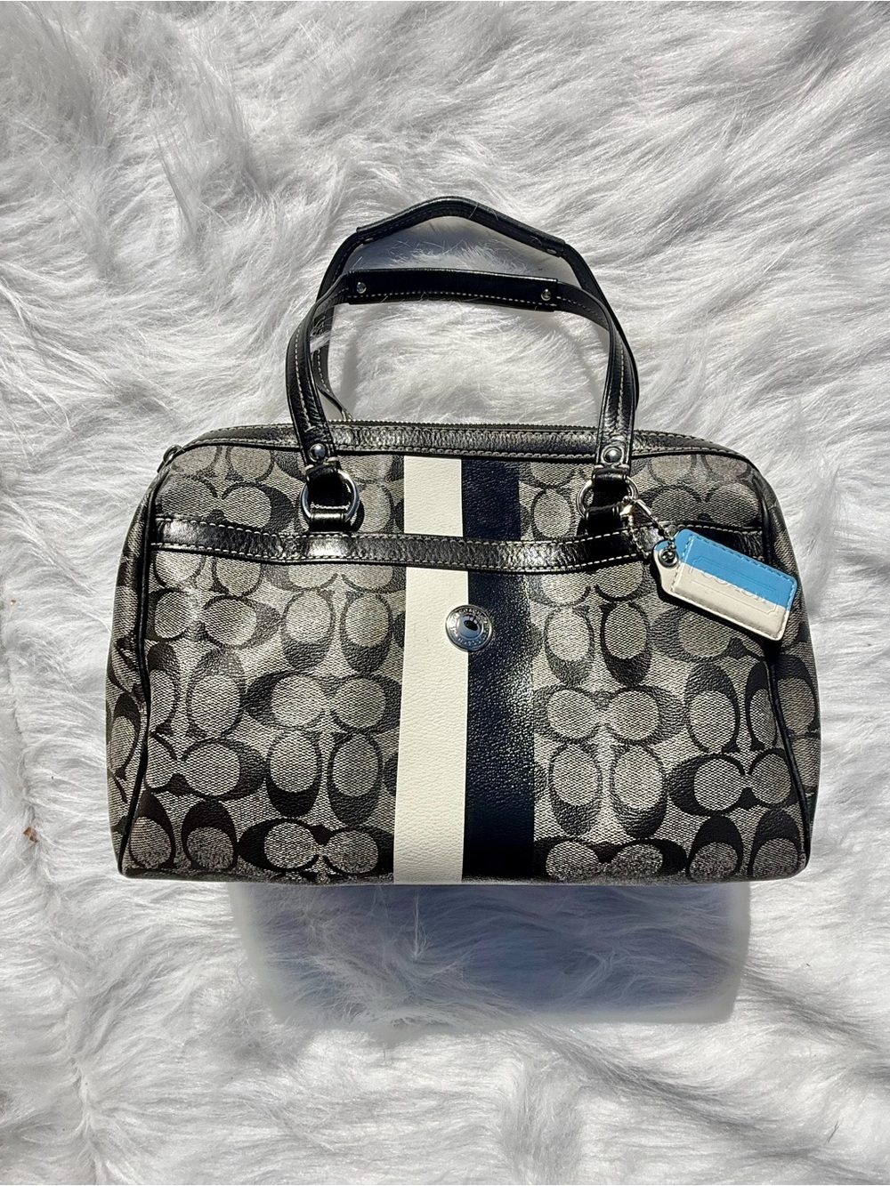 Coach Heritage Stripe Satchel Bag Signature C Monogram Black Grey F15132 Y2K